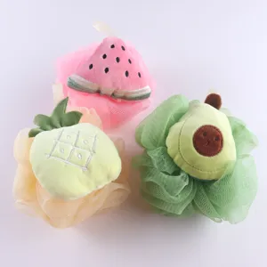 Cute fruit bath sponge set, soft mesh shower balls with watermelon pineapple avocado designs.