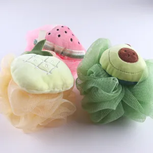 Cute fruit mesh bath sponge set, soft cartoon body scrubber, kids bath ball, gentle exfoliation.