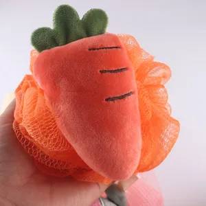 Detail shot of cute carrot bath sponge, soft mesh plush kids shower puff for daily bathing.