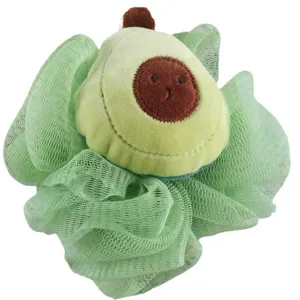Cute avocado mesh bath sponge for kids, ultra-soft cartoon shower puff for daily body cleaning.