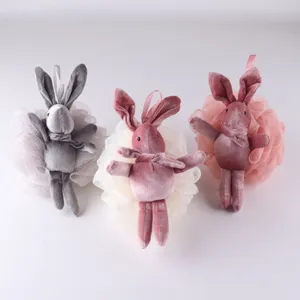 Cute Rabbit Plush Doll Bath Sponge Soft Mesh Exfoliating Bath Ball With Lanyard Shower Body Cleaning Tool