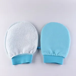 Guanti esfolianti per doccia e corpo, spessi guanti da bagno blu con polsino elastico comodo.