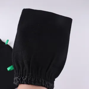 Black exfoliating bath mitt, single layer shower glove with elastic wrist for daily cleaning.