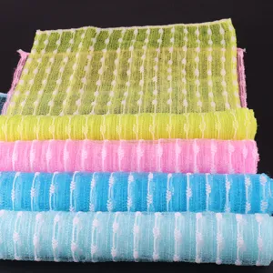 Exfoliating bath towel detail showing soft mesh texture and colorful design layers for daily use.