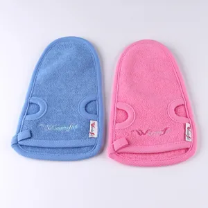 Exfoliating bath gloves in blue and pink, soft plant fiber mitts for gentle body scrubbing.
