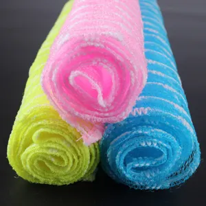 Exfoliating mesh bath towel detail view, colorful long scrubber for body cleaning.