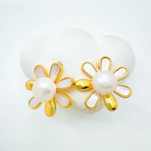 Elegant gold plated flower pearl stud earrings with mother of pearl inlay for women daily wear.