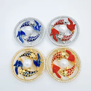 Niche-ontwerp Dubbele Karper Koi Vis Brosche Koper Emaille Kunstparel Strass Speld Voor Dames Bruiloft Feest Kledingaccessoire
