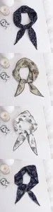 Detailed close-up of stylish printed triangular headscarf and ribbon, showcasing delicate patterns.