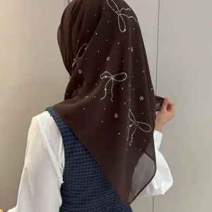Nouveau foulard carré en mousseline unie avec nœud strass style préppy pour le printemps