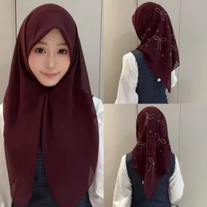 Foulard hijab carré en mousseline avec nœud en strass pour femmes, grand châle unicolore.