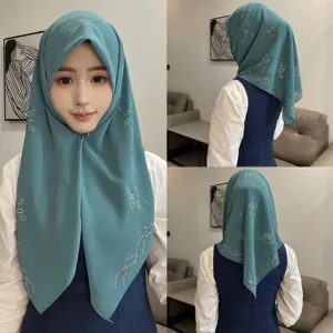 Elegant chiffon hijab with sparkling rhinestones and pearl details, multi-angle view.