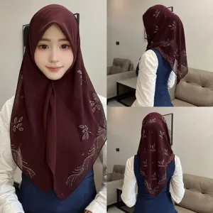 Chiffon hijab square scarf with rhinestones, elegant floral rhinestone hijab for women.