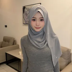 Details van de grijze chiffon kristal linnen hijab, met sprankelende cirkel strass decoratie.
