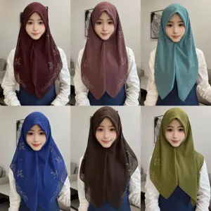 Elegant rhinestone leaf chiffon hijab for women, solid color Muslim headscarf shawl wrap.