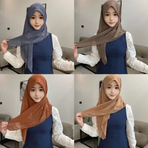 Elegant rhinestone chiffon hijab headscarf for women, breathable solid color shawl wrap