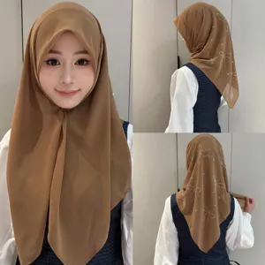 Foulard en mousseline avec nœuds en strass, hijab uni style universitaire pour femmes quotidien.