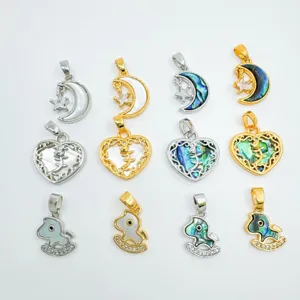 Pendentif bijoux lune cœur cheval à bascule en nacre plaqué or et argent pour femmes