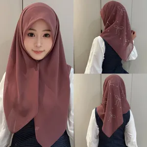 Foulard carré en mousseline avec nœuds en strass, élégant hijab uni pour femmes style.