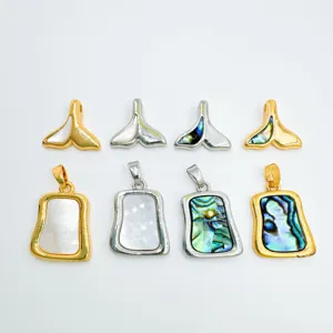 Geometric necklace pendants with white shell and abalone shell in gold and silver finish.