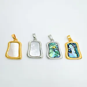 Detail shot of geometric pendant featuring white mother-of-pearl and abalone shell.