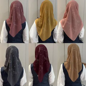 Nœud Strass Mousseline Écharpe Carrée Femmes Couleur Unie Élégant Foulard Tour De Cou Châle Mode Accessoires