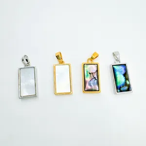 Elegant rectangular shell pendant set featuring gold and silver frames with natural mother-of-pearl.