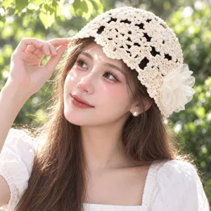 Chapeau cloche crocheté fleurs douces pour femmes été mode coréenne bonnet tricoté chic