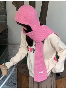 Bonnet echarpe en tricot rose deux en un integre mignon chaud hiver bonnet femme style.