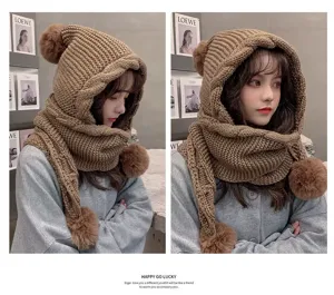 Korean style thick knitted hat and scarf set with cute pom pom for women winter warm