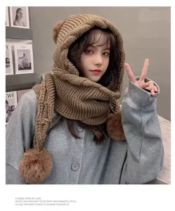 Knitted Hooded Scarf Women Winter Thickened Warm Beanie Hat Cute Pom Pom Ear Protection