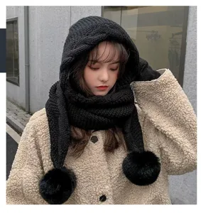Korean style thick knitted hooded scarf with cute pom pom design for winter warmth.