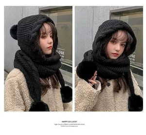 Winter warm knitted hooded scarf with cute pom pom, thick plush design for women.