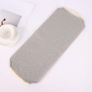 Detailed view of grey stretch exfoliating back scrubber towel with rope handles for bath use.