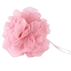 Soft pink mesh bath sponge for daily body cleaning and rich foaming, portable with hanging string.