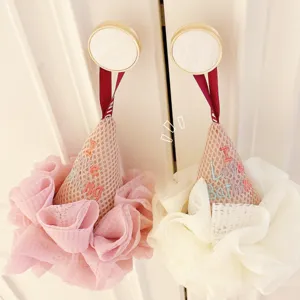 Creative ice cream mesh bath sponge soft exfoliating shower ball with hanging ribbon pink white