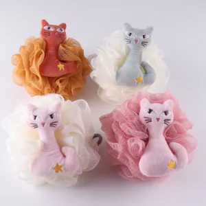 Bonita esponja de baño de gato con peluche, malla de ducha grande y suave para niños y uso diario.
