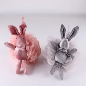 Cute rabbit design shower sponge detail, soft mesh bath ball for daily body cleansing experience.