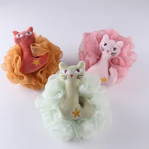 Set de esponja de ducha de malla de peluche de gato lindo, bola de baño suave para niños.