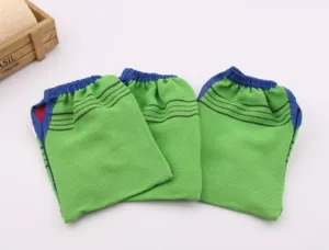 Green exfoliating bath gloves detail shot showing striped texture and blue elastic cuffs.