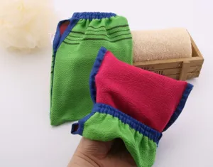 Detailed view of bamboo fiber exfoliating bath mitt with textured stripe design for shower use.