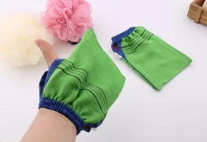 Exfoliating bath glove bamboo fiber double-sided shower mitt striped body scrubbing sponge.