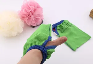 Detail view of bamboo fiber exfoliating bath glove with open finger design and mesh sponges.