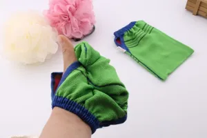 Exfoliating bamboo fiber bath glove, striped double-sided body scrubber for daily shower spa.