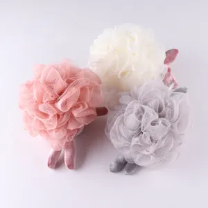 Cute rabbit mesh bath sponge set, soft fluffy shower ball with plush ears, 3 colors pack.