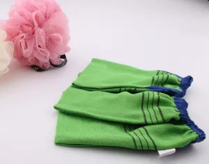 Green striped exfoliating bath gloves, bamboo fiber double-sided body scrubber for deep cleaning.
