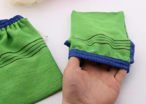 Exfoliating bath mitt bamboo fiber green striped double sided glove for body peeling and spa.
