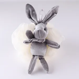Cute rabbit plush shower puff detailed view, soft mesh bath sponge for kids daily body cleansing.