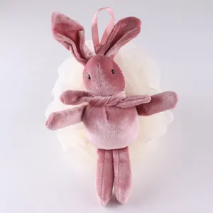Cute pink rabbit plush toy combined with white mesh bath sponge, soft material for daily washing.