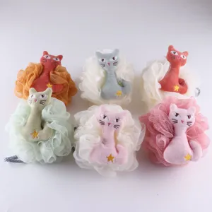 Linda esponja de baño de gato red suave flor de ducha muñeca de animal para niños al por mayor